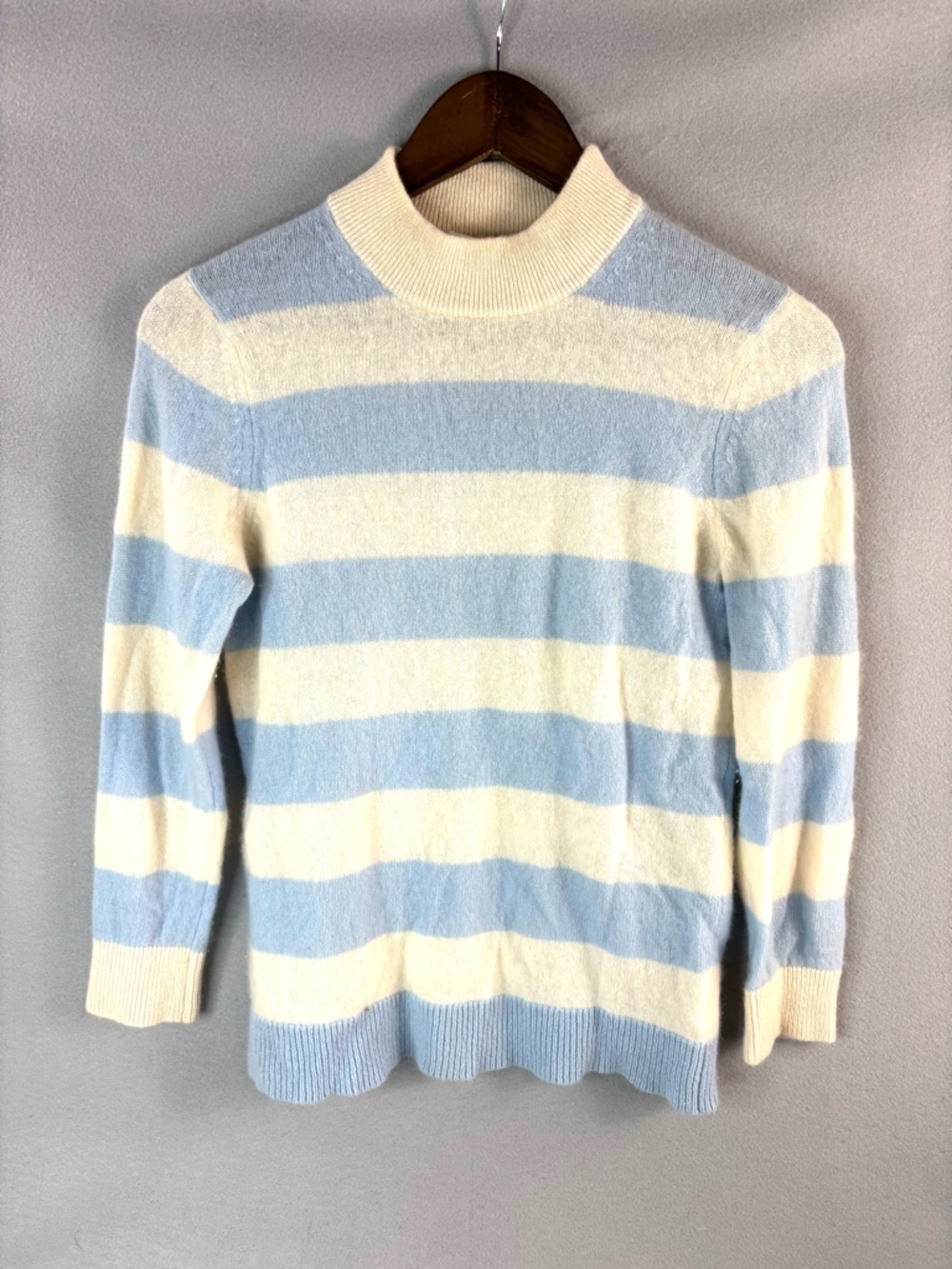 White & Warren M Cozy Cashmere Cream and Light Blue Striped Mock Neck Sweater